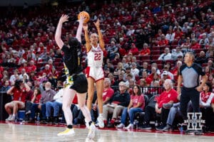 Nebraska Cornhusker forward Natalie Potts (22) makes a three point shot against SE Louisiana Lady Lion forward Lexi Alexander (0) in the second half during a women’s college baskteball game Saturday, November 9, 2024, in Lincoln, Nebraska. Photo by John S. Peterson.