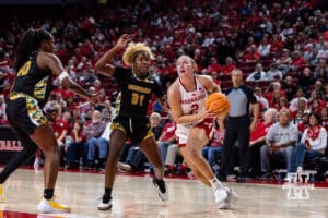 Nebraska Cornhusker guard Logan Nissley (2) drives to the basket against SE Louisiana Lady Lion guard Alexius Horne (31) in the second half during a women’s college baskteball game Saturday, November 9, 2024, in Lincoln, Nebraska. Photo by John S. Peterson.