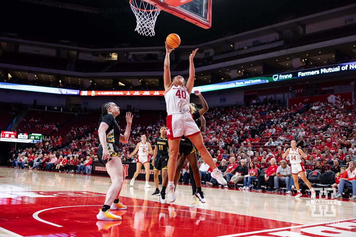 Nebraska Women’s Basketball v Southeastern Louisiana – November 9, 2024. Nebraska Cornhusker center Alexis Markowski (40) makes a lay up against the SE Louisiana Lady Lions in the second half during a women’s college baskteball game Saturday, November 9, 2024, in Lincoln, Nebraska. Photo by John S. Peterson.