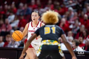 Nebraska Cornhusker guard Callin Hake (14) dribbles the ball down the court against SE Louisiana Lady Lion guard Alexius Horne (31) in the second half during a women’s college baskteball game Saturday, November 9, 2024, in Lincoln, Nebraska. Photo by John S. Peterson.