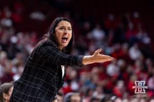 Nebraska Cornhusker head coach Amy Williams reacts to official not making a call against the SE Louisiana Lady Lions during a women’s college baskteball game Saturday, November 9, 2024, in Lincoln, Nebraska. Photo by John S. Peterson.