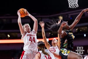 Nebraska Cornhusker forward Petra Bozan (44) grabs the rebound against the SE Louisiana Lady Lions during a women’s college baskteball game Saturday, November 9, 2024, in Lincoln, Nebraska. Photo by John S. Peterson.