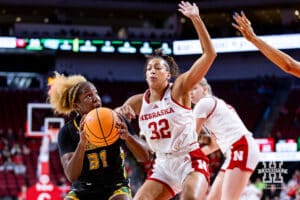 Nebraska Cornhusker forward Kendall Coley (32) guarding SE Louisiana Lady Lion guard Alexius Horne (31) in the first half during a women’s college baskteball game Saturday, November 9, 2024, in Lincoln, Nebraska. Photo by John S. Peterson.