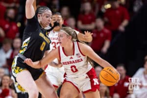 Nebraska Cornhusker guard Logan Nissley (2) dribbles the ball against SE Louisiana Lady Lion forward Lexi Alexander (0) during a women’s college baskteball game Saturday, November 9, 2024, in Lincoln, Nebraska. Photo by John S. Peterson.