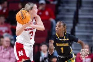 SE Louisiana Lady Lion guard Jalencia Pierre (1) swipes the ball away from Nebraska Cornhusker guard Allison Weidner (3) during a women’s college baskteball game Saturday, November 9, 2024, in Lincoln, Nebraska. Photo by John S. Peterson.