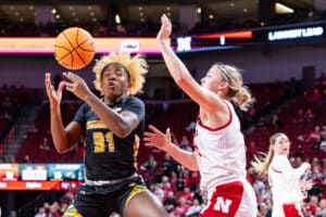 Nebraska Cornhusker guard Allison Weidner (3) defending against SE Louisiana Lady Lion guard Alexius Horne (31) during a women’s college baskteball game Saturday, November 9, 2024, in Lincoln, Nebraska. Photo by John S. Peterson.