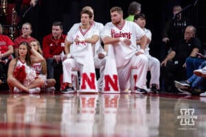 Nebraska Cornhuskers Spirit Squad watching the action on the court against the SE Louisiana Lady Lions during a women’s college baskteball game Saturday, November 9, 2024, in Lincoln, Nebraska. Photo by John S. Peterson.