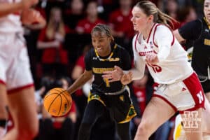 Nebraska Cornhusker guard Kendall Moriarty (15) guards SE Louisiana Lady Lion guard Jalencia Pierre (1) in the first half during a women’s college baskteball game Saturday, November 9, 2024, in Lincoln, Nebraska. Photo by John S. Peterson.