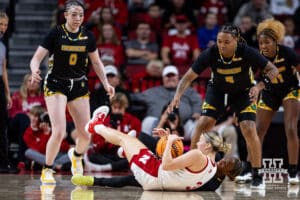 Nebraska Cornhusker guard Allison Weidner (3) fights for the ball against SE Louisiana Lady Lion guard Jalencia Pierre (1) during a women’s college baskteball game Saturday, November 9, 2024, in Lincoln, Nebraska. Photo by John S. Peterson.