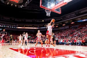 Nebraska Cornhusker forward Jessica Petrie (12) grabs the rebound against the SE Louisiana Lady Lions in the first half during a women’s college baskteball game Saturday, November 9, 2024, in Lincoln, Nebraska. Photo by John S. Peterson.