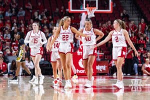 Nebraska Cornhuskers head to the bench for a timeout against the SE Louisiana Lady Lions in the first half during a women’s college baskteball game Saturday, November 9, 2024, in Lincoln, Nebraska. Photo by John S. Peterson.