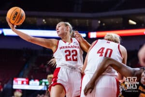 Nebraska Cornhusker forward Natalie Potts (22) grabs the rebound against the SE Louisiana Lady Lions in the first half during a women’s college baskteball game Saturday, November 9, 2024, in Lincoln, Nebraska. Photo by John S. Peterson.