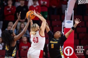 Nebraska Cornhusker center Alexis Markowski (40) fouled by SE Louisiana Lady Lion guard Taylor Bell (5) in the first half during a women’s college baskteball game Saturday, November 9, 2024, in Lincoln, Nebraska. Photo by John S. Peterson.
