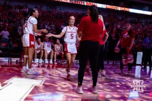 Nebraska Cornhusker guard Alberte Rimdal (5) introduced before during a women’s college baskteball game against the SE Louisiana Lady Lions Saturday, November 9, 2024, in Lincoln, Nebraska. Photo by John S. Peterson.