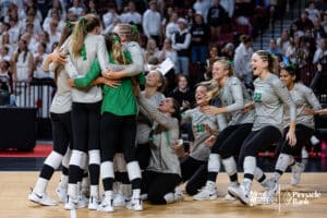 Skutt celebrates their win over Waverly during the semi-finals of the 2024 NSAA Volleyball Championships Friday, November 8, 2024, in Lincoln, Nebraska. Photo by John S. Peterson.