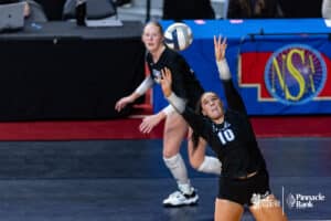 Papillion-La Vista South's Charlette Solomon (10) sets the ball against Millard West during the semi-finals of the 2024 NSAA Volleyball Championships Friday, November 8, 2024, in Lincoln, Nebraska. Photo by John S. Peterson.