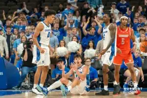 Jasen Greene, Mason Miller and Jamiya Neal after a foul during a college basketball game November 6th, 2024 in Omaha Nebraska Photo by Brandon Tiedemann