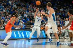 Steven Ashworth passes the ball during a college basketball game November 6th, 2024 in Omaha Nebraska Photo by Brandon Tiedemann
