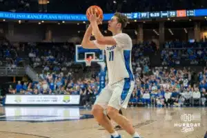 Ryan Kalkbrenner shoots during a college basketball game November 6th, 2024 in Omaha Nebraska Photo by Brandon Tiedemann