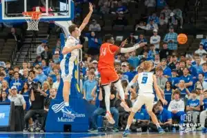 Ryan Kalkbrenner defending during a college basketball game November 6th, 2024 in Omaha Nebraska Photo by Brandon Tiedemann