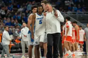 Jamiya Neal and Greg McDermott during a college basketball game November 6th, 2024 in Omaha Nebraska Photo by Brandon Tiedemann