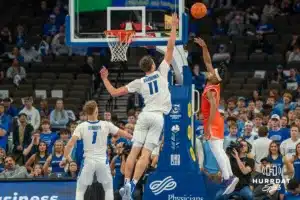 Ryan Kalkbrenner contests a shot during a college basketball game November 6th, 2024 in Omaha Nebraska Photo by Brandon Tiedemann
