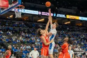 Ryan Kalkbrenner shoots during a college basketball game November 6th, 2024 in Omaha Nebraska. Photo by Brandon Tiedemann.