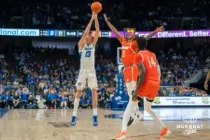 Mason Miller shoots during a college basketball game November 6th, 2024 in Omaha Nebraska. Photo by Brandon Tiedemann.