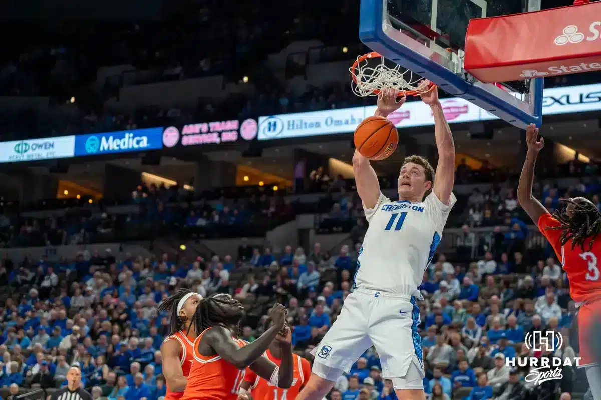 Ryan Kalkbrenner dunks during a college basketball game November 6th, 2024 in Omaha Nebraska. Photo by Brandon Tiedemann.