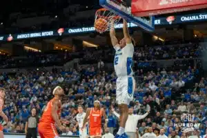 Shane Thomas dunks during a college basketball game November 6th, 2024 in Omaha Nebraska. Photo by Brandon Tiedemann.