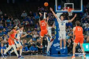 Steven Ashworth and Ryan Kalkbrenner contest a shot during a college basketball game November 6th, 2024 in Omaha Nebraska. Photo by Brandon.