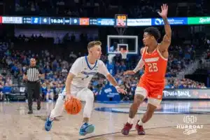 Steven Ashworth driving to the basket during a college basketball game November 6th, 2024 in Omaha Nebraska. Photo by Brandon Tiedemann.