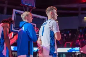 Steven Ashworth and Ty Davis before a college basketball game November 6th, 2024 in Omaha Nebraska. Photo by Brandon Tiedemann.