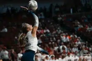 Central Valley's Taylor McIntyre (3) serves theg ball against Amherst during the NSAA State Volleyball Quarterfinals on November 6th, 2024 at Pinnacle Bank Arena in Lincoln, Nebraska. Photo by Mike Sautter.
