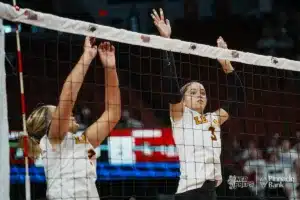 eyton's Riley Jones (3) jumps up to block the ball against Meridian during the NSAA State Volleyball Quarterfinals on November 6th, 2024 at Pinnacle Bank Arena in Lincoln, Nebraska. Photo by Mike Sautter.