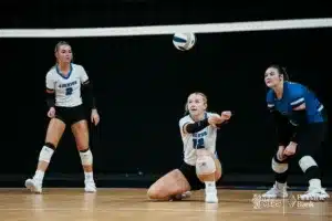 Overton's Daisy Ryan (12) digs the ball against Wynot during the NSAA State Volleyball Quarterfinals on November 6th, 2024 at Pinnacle Bank Arena in Lincoln, Nebraska. Photo by Mike Sautter.