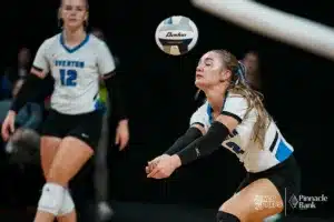 Overton's BraelynFlorell (2) digs the ball against Wynot during the NSAA State Volleyball Quarterfinals on November 6th, 2024 at Pinnacle Bank Arena in Lincoln, Nebraska. Photo by Mike Sautter.
