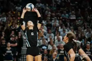 Eklhorn North's Hayden Booth (6) sets the ball against York during the NSAA State Volleyball Quarterfinals on November 6th, 2024 at Pinnacle Bank Arena in Lincoln, Nebraska. Photo by Mike Sautter.