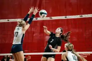 Elkhorn North's Lindset Hrbek (7) spikes the ball against York's Addison Anderson during the NSAA State Volleyball Quarterfinals on November 6th, 2024 at Pinnacle Bank Arena in Lincoln, Nebraska. Photo by Mike Sautter.