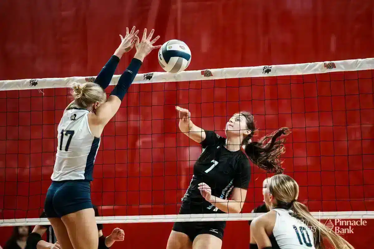 Elkhorn North's Lindset Hrbek (7) spikes the ball against York's Addison Anderson during the NSAA State Volleyball Quarterfinals on November 6th, 2024 at Pinnacle Bank Arena in Lincoln, Nebraska. Photo by Mike Sautter.