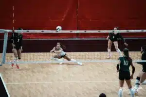 Millard West Wildcat Sierra Pokharel (2) digs the ball against the Southwest Silverhawks during the NSAA State Volleyball quarterfinals at Pinnacle Bank Arena on November 6th, 2024. Photo by Mike Sautter.