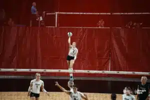 Elkhorn South Paisley Pistkowski serves the ball against the Fremont Tigers during the NSAA State Volleyball quarterfinals at Pinnacle Bank Arena on November 6th, 2024. Photo by Mike Sautter.
