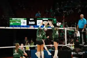 Leighton Froehlich and Reese Stradal during NSAA State Volleyball at Pinnacle Bank Arena on November 6th, 2024. Photo by Mike Sautter