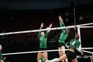 Kiera Link and Addison West during the NSAA State Volleyball Quarterfinals on November 6th, 2024 at Pinnacle Bank Arena in Lincoln, Nebraska. Photo by Mike Sautter