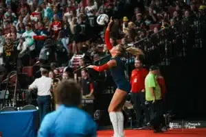 Norris Titans serve the ball against the Pius Thunderbolts during the NSAA State Volleyball Quarterfinals on November 6th, 2024 at Pinnacle Bank Arena in Lincoln, Nebraska. Photo by Mike Sautter