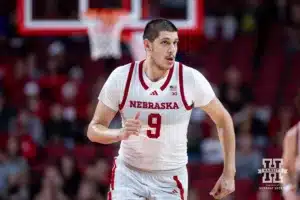 Nebraska Cornhusker forward Berke Buyuktuncel (9) runs down the court against the UT Rio Grande Valley Vaqueros in the second half during a college baskteball game Monday, November 4, 2024, in Lincoln, Nebraska. Photo by John S. Peterson.