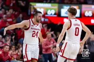 Nebraska Cornhusker guard Rollie Worster (24) and guard Connor Essegian (0) celebrates a basket against the UT Rio Grande Valley Vaqueros in the second half during a college baskteball game Monday, November 4, 2024, in Lincoln, Nebraska. Photo by John S. Peterson.