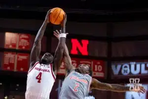 Nebraska Cornhusker forward Juwan Gary (4) grabs the rebound against UT Rio Grande Valley Vaqueros guard Jaylen Washington (2) in the second half during a college baskteball game Monday, November 4, 2024, in Lincoln, Nebraska. Photo by John S. Peterson.