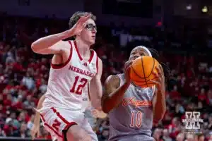 Nebraska Cornhusker guard Gavin Griffiths (12) guards UT Rio Grande Valley Vaqueros guard Cliff Davis (10) in the second half during a college baskteball game Monday, November 4, 2024, in Lincoln, Nebraska. Photo by John S. Peterson.