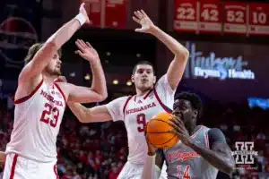 Nebraska Cornhusker forward Andrew Morgan (23) and forward Berke Buyuktuncel (9) defend against UT Rio Grande Valley Vaqueros guard Hasan Abdul Hakim (14) in the second half during a college baskteball game Monday, November 4, 2024, in Lincoln, Nebraska. Photo by John S. Peterson.